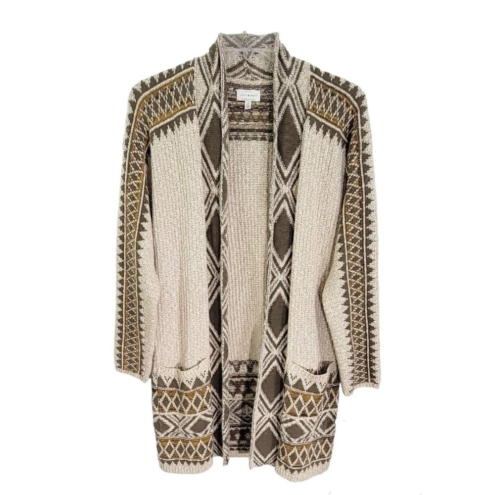 Lucky Brand Women's Beige Geometric Open Front Cardigan Knit Long Sleeve Size‎ M